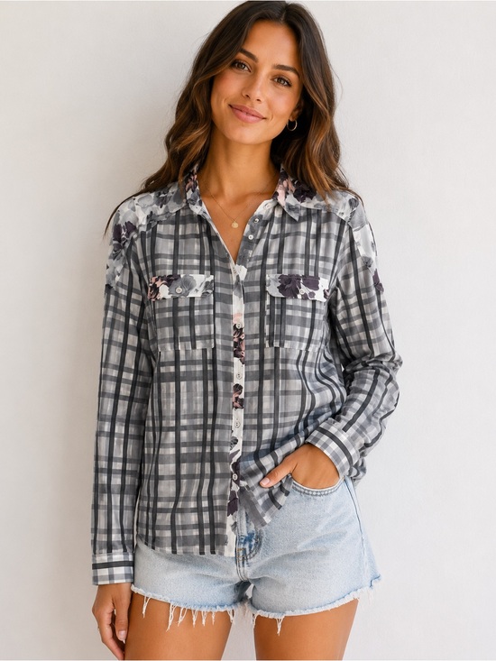 PAIGE Tops - Paige Sheer Plaid Floral Button Up Blouse Size Large